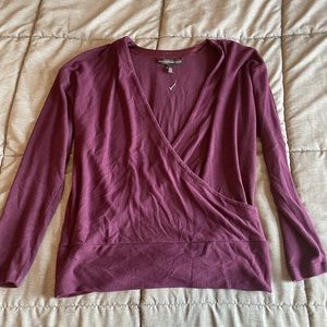 White House Black Market plum front cross top with front hook closure, Large.